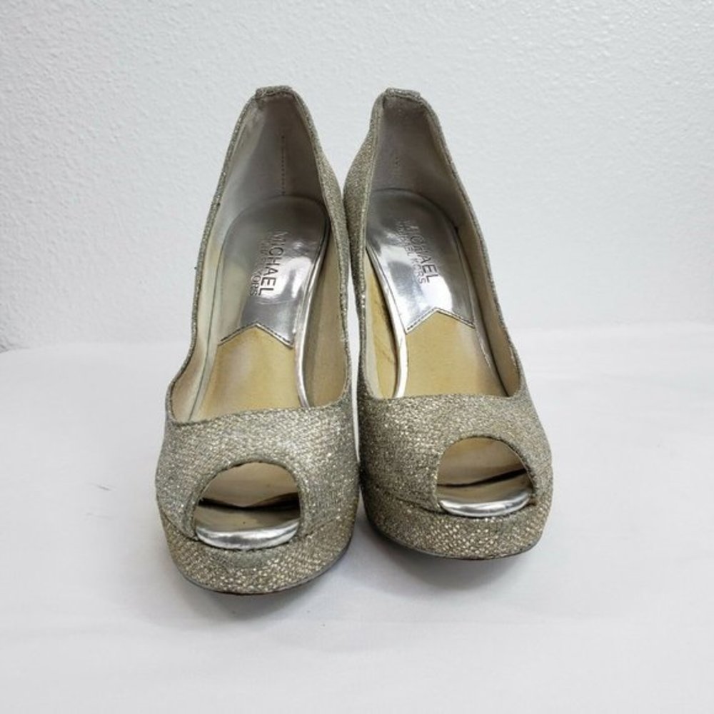Michael Kors Peep Toe‎ Slip On Pumps Gold Silver Women Size 6 M Platform Heels - Picture 4 of 12